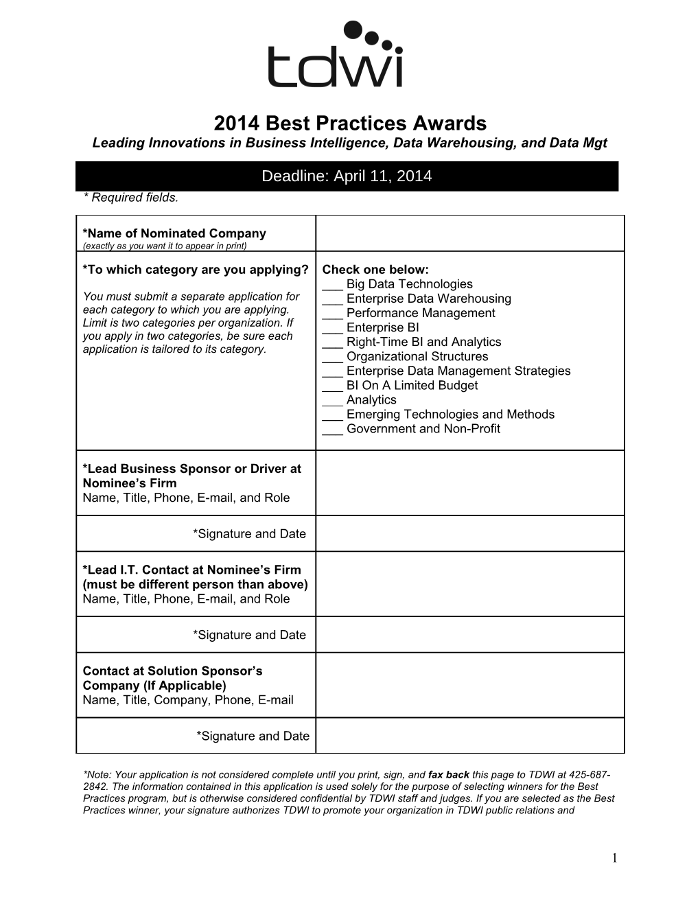 Application Form for 2012 TDWI Best Practices Awards
