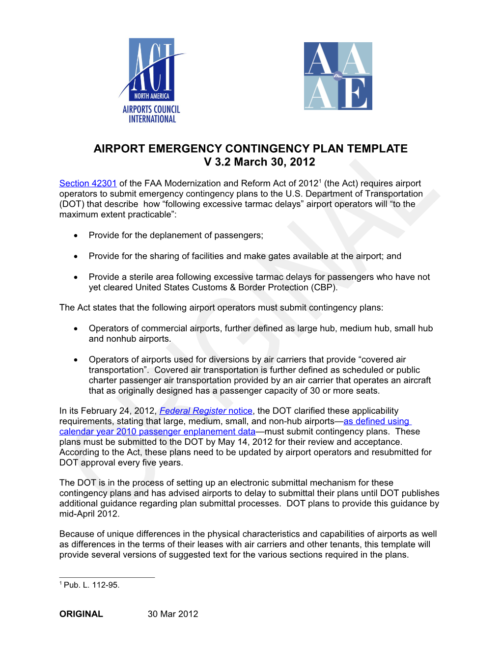 AIRPORT EMERGENCY CONTINGENCY PLAN TEMPLATEV 3.2 March 30, 2012