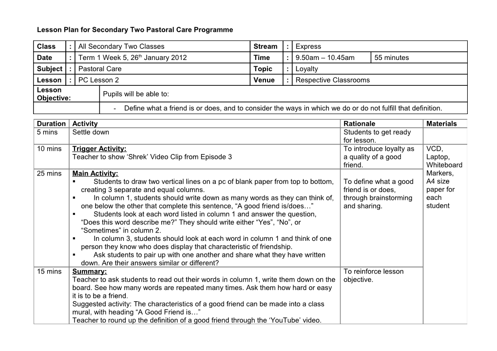 Lesson Plan for Secondary Two Pastoral Care Programme