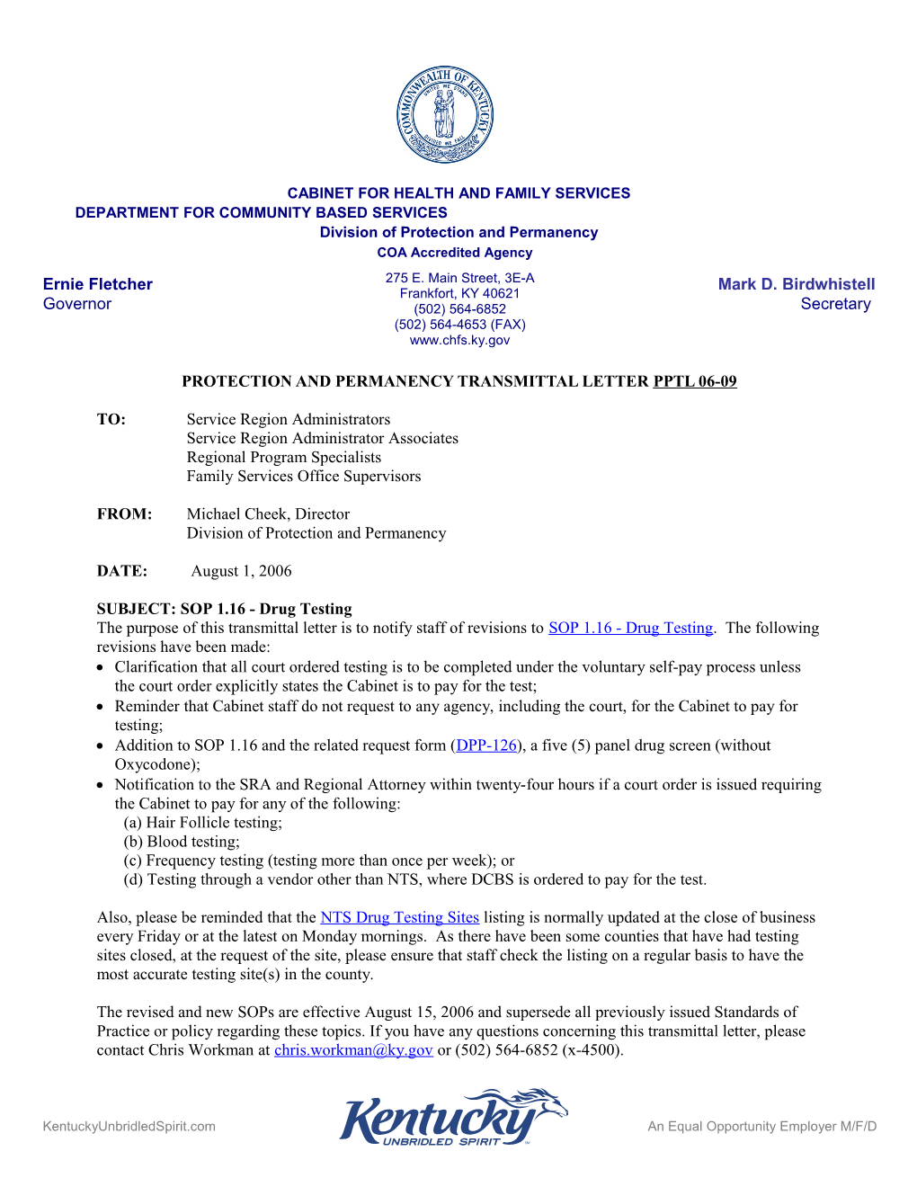 PPTL 06-09 SOP 116 Drug Testing