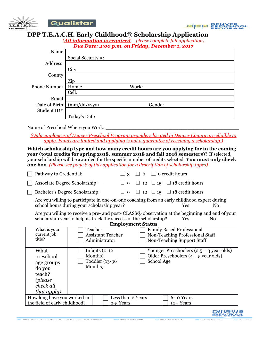 DPP T.E.A.C.H. Early Childhood Scholarship Application