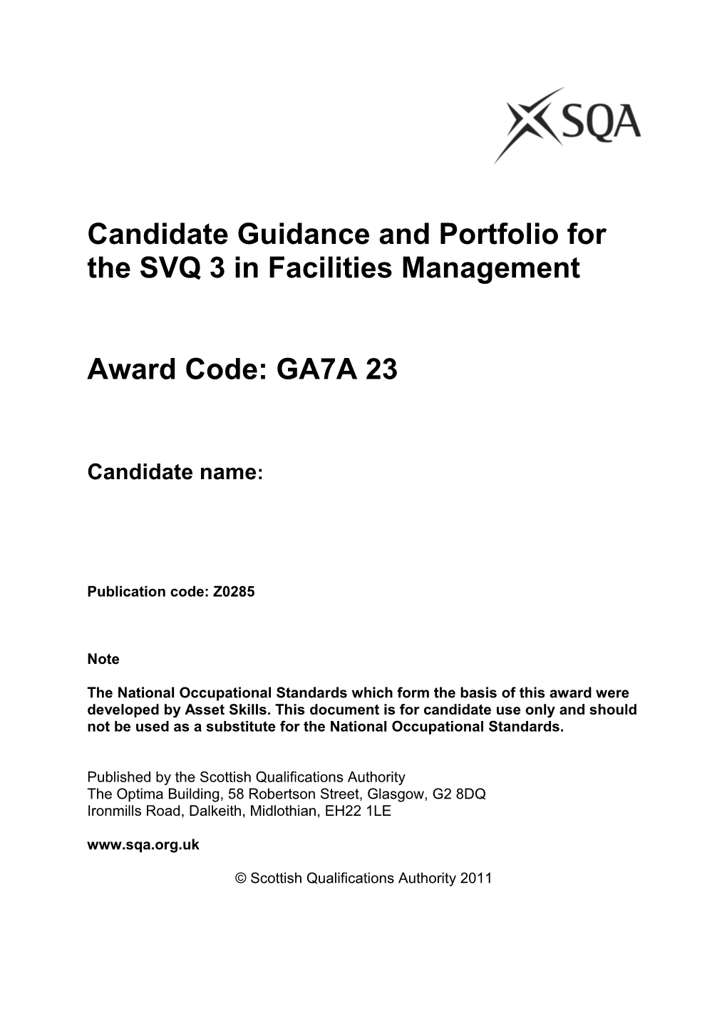 Candidate Guidance and Portfolio for the SVQ 3 in Facilities Management