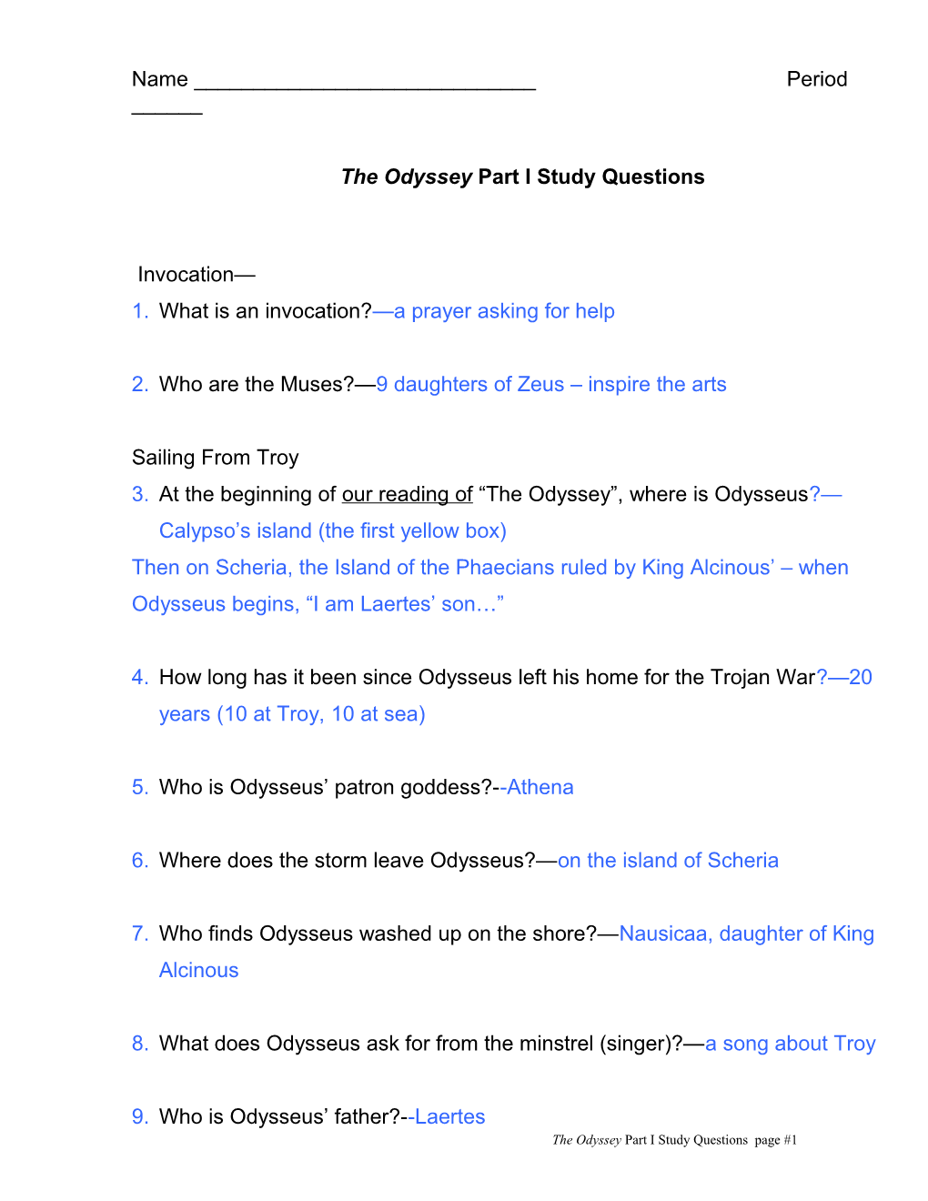 The Odyssey Part I Study Questions