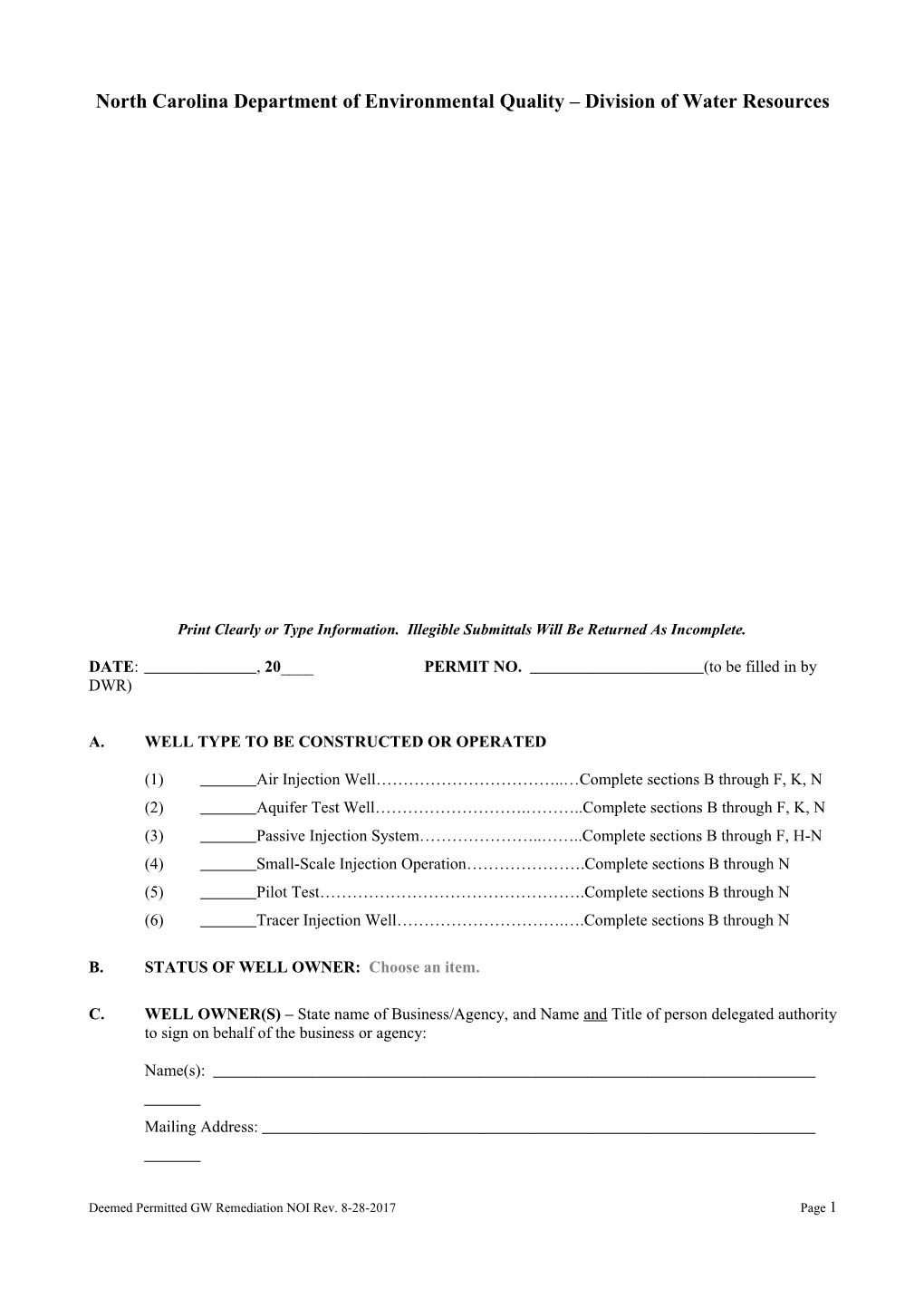 North Carolina Department of Environmental Quality Division of Water Resources