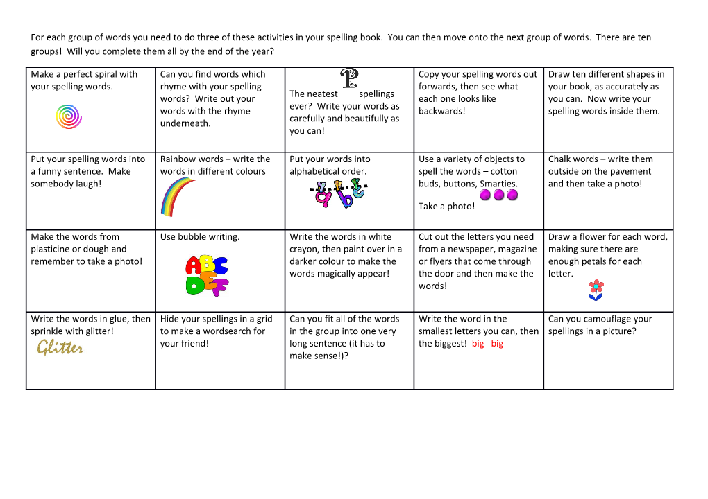 For Each Group of Words You Need to Do Three of These Activities in Your Spelling Book