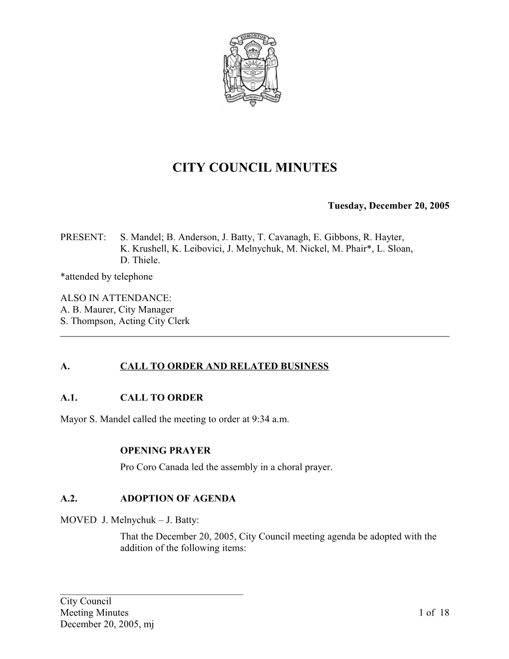 Minutes for City Council December 20, 2005 Meeting