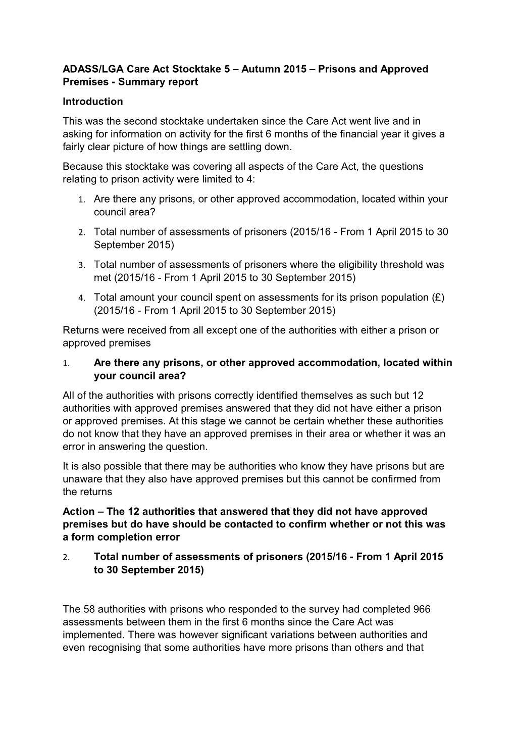 ADASS/LGA Care Act Stocktake 5 Autumn 2015 Prisons and Approved Premises - Summary Report