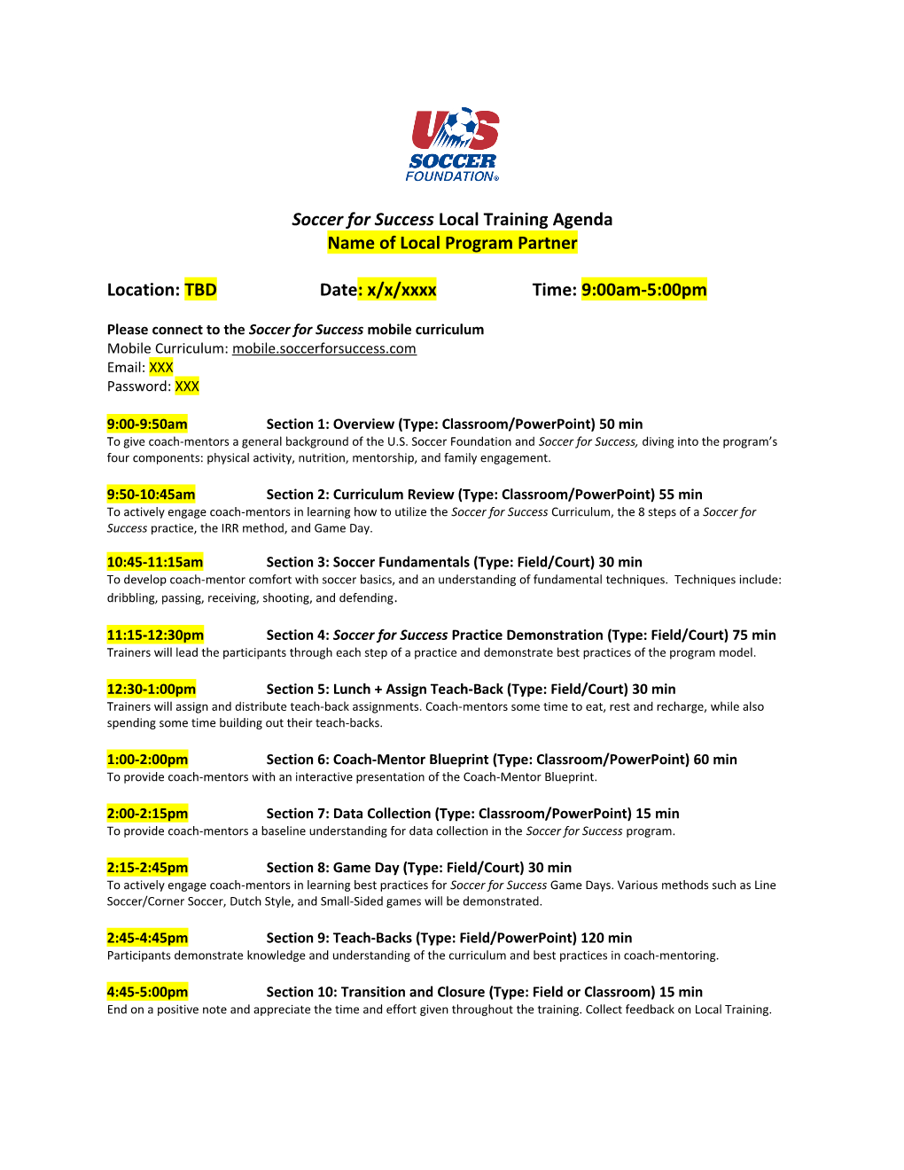 Soccer for Success Local Training Agenda