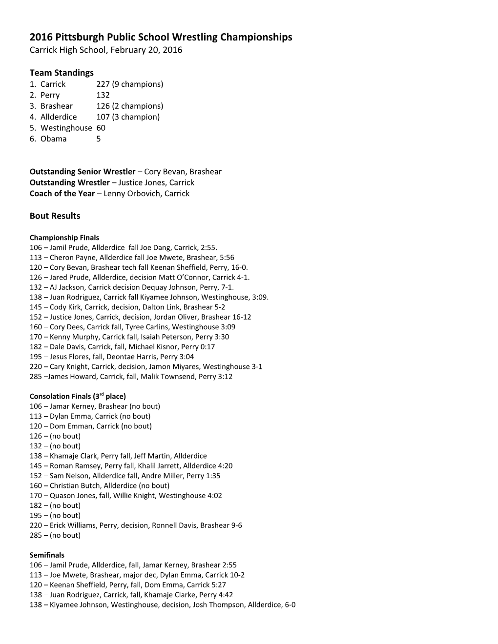 2016 Pittsburgh Public School Wrestling Championships