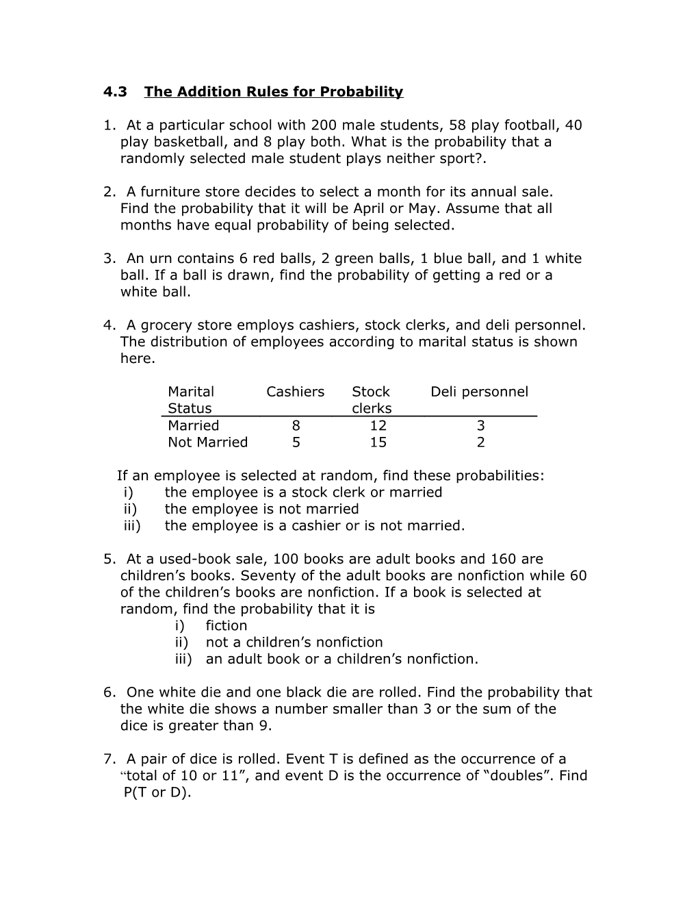 4.3 the Addition Rules for Probability