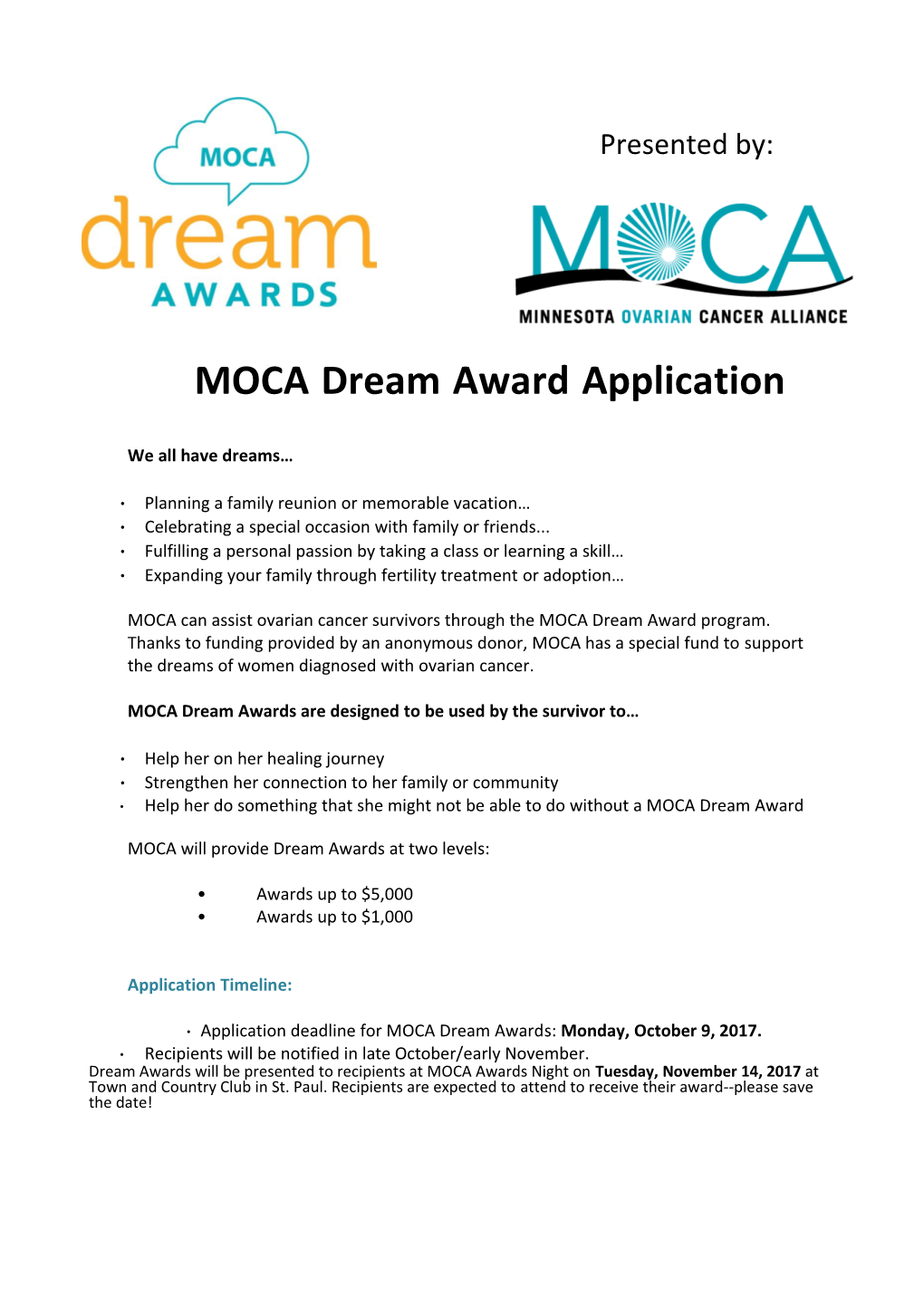 MOCA Dream Award Application