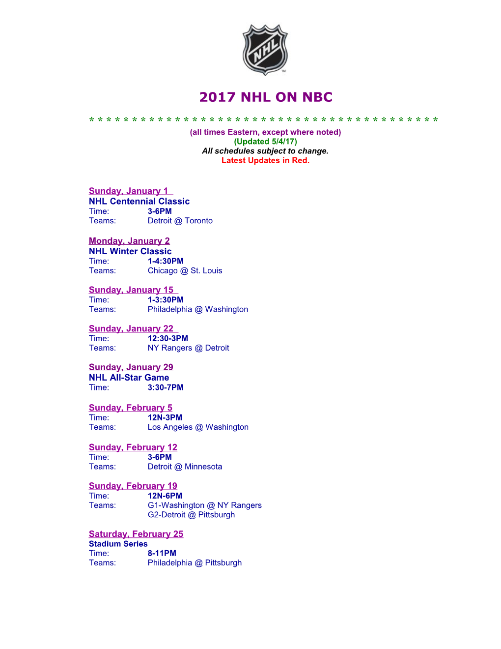 2003 NHL on ABC SCHEDULE (All Times Eastern, Except Where Noted)