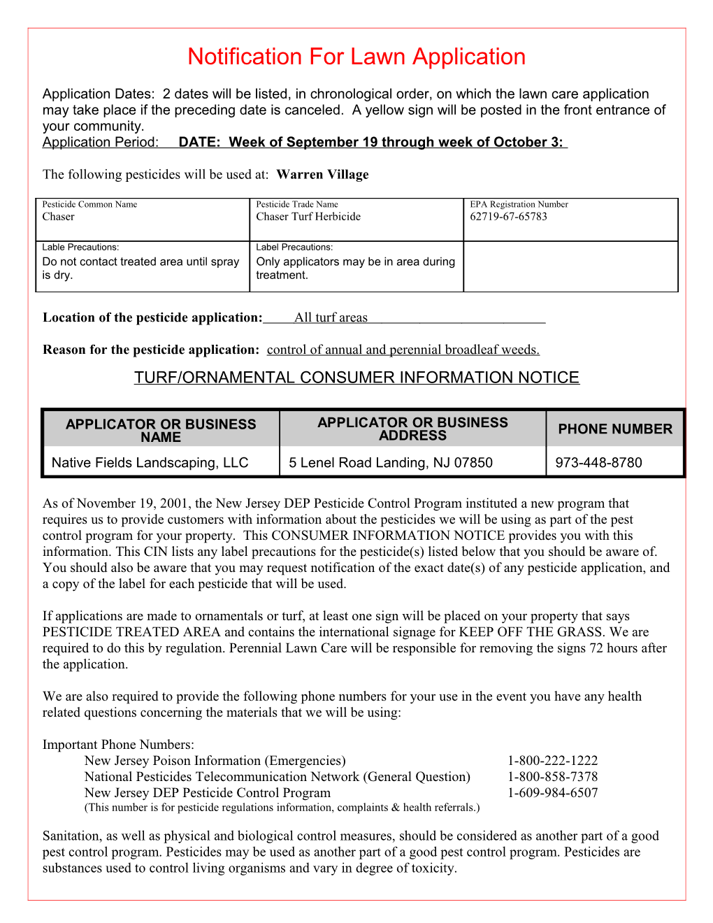 Notification of the Use of Pesticides