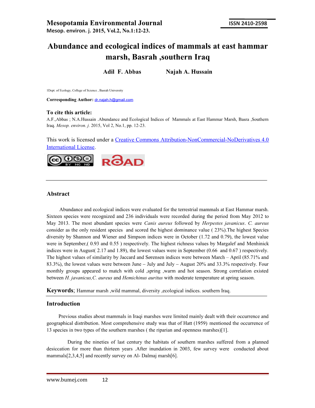 Abundance and Ecological Indices of Mammals at East Hammar Marsh, Basrah ,Southern Iraq