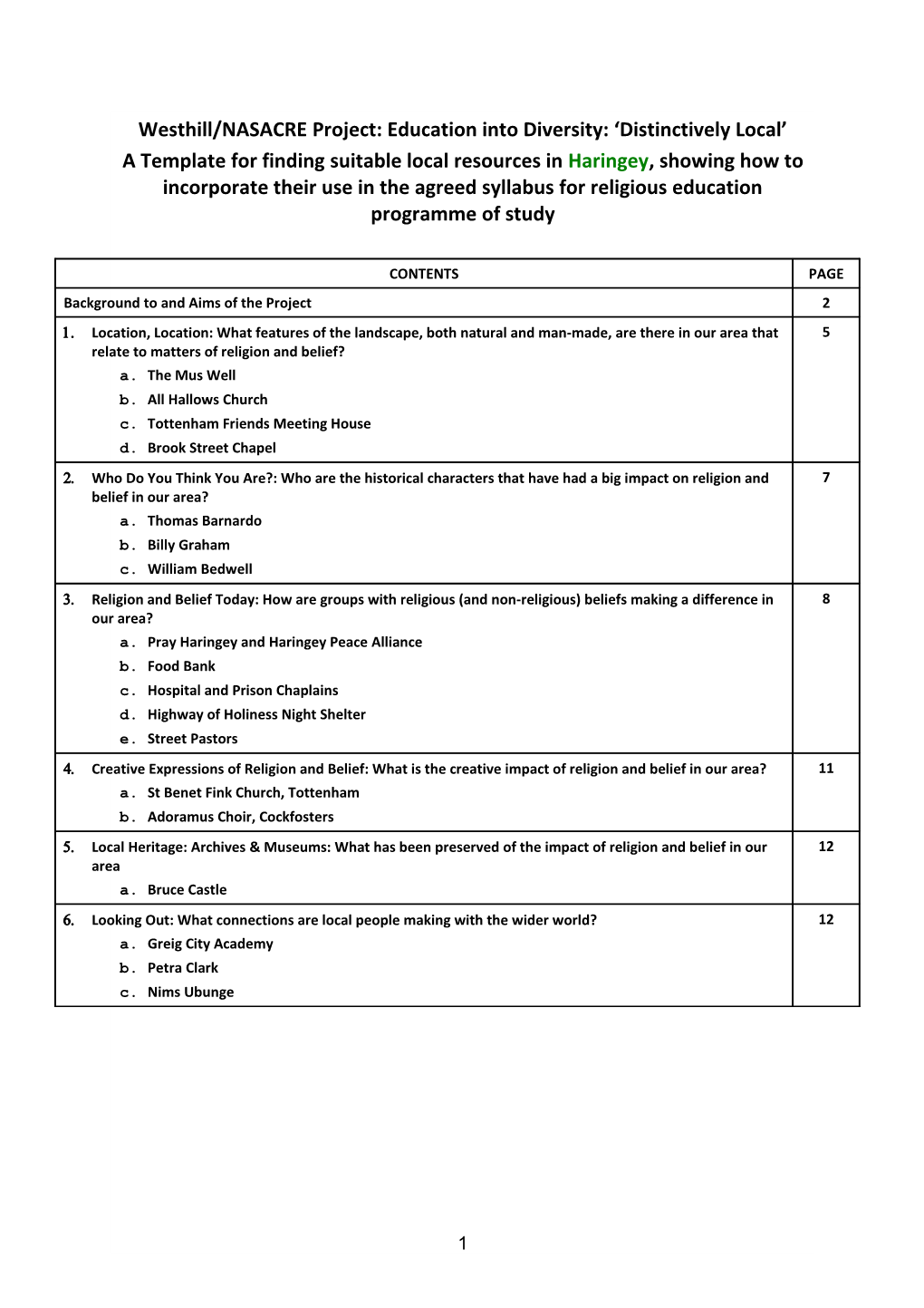 Westhill/NASACRE Project: Education Into Diversity: Distinctively Local