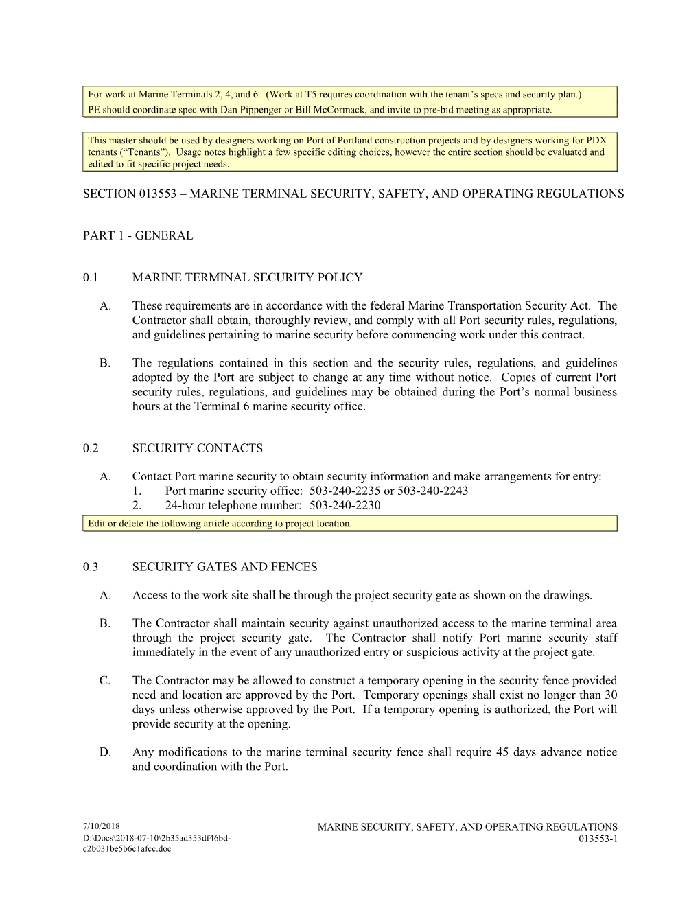 Section 013553 -Marine Terminal Security, Safety & Operating Regulations