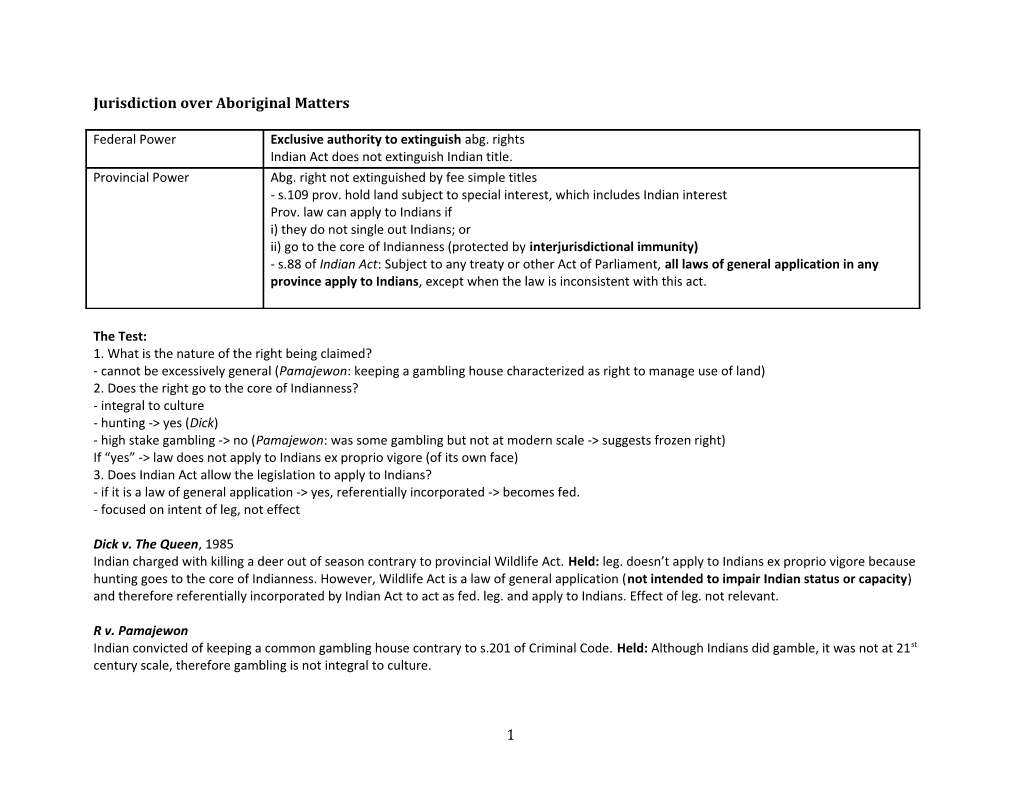 Jurisdiction Over Aboriginal Matters