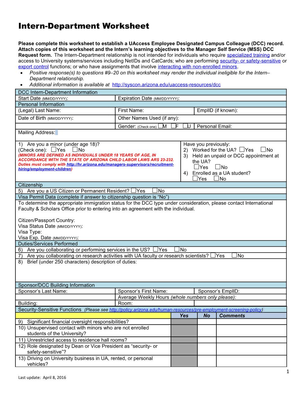 Intern-Department Worksheet