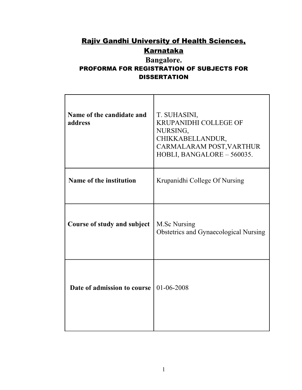 Proforma for Registration of Subjects For