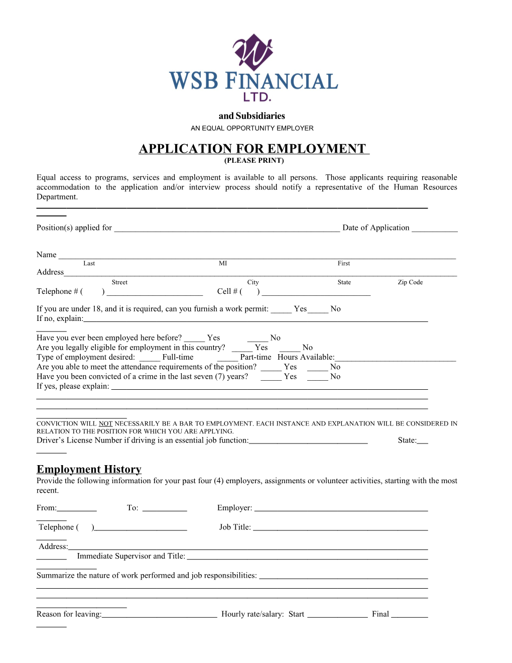 Application for Employment Please Print