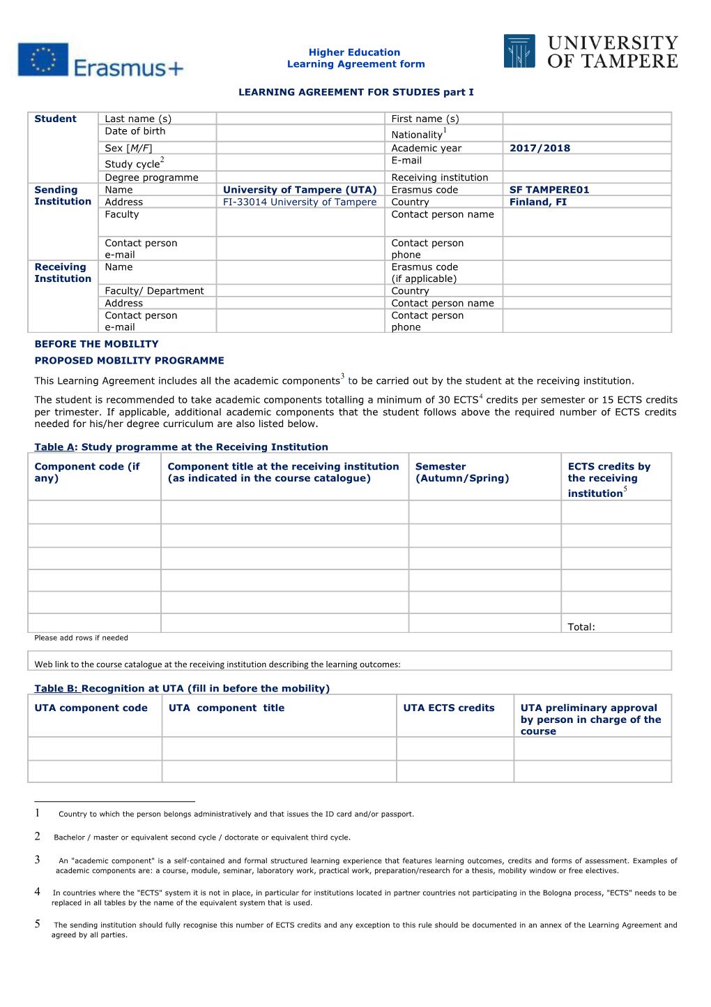 LEARNING AGREEMENT for STUDIES Part I