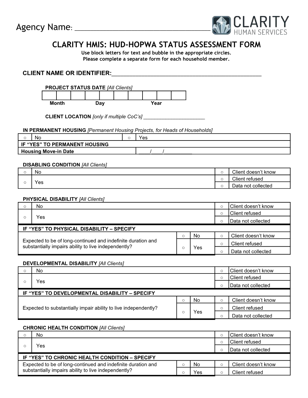Clarity Hmis: Hud-Hopwa Status Assessment Form