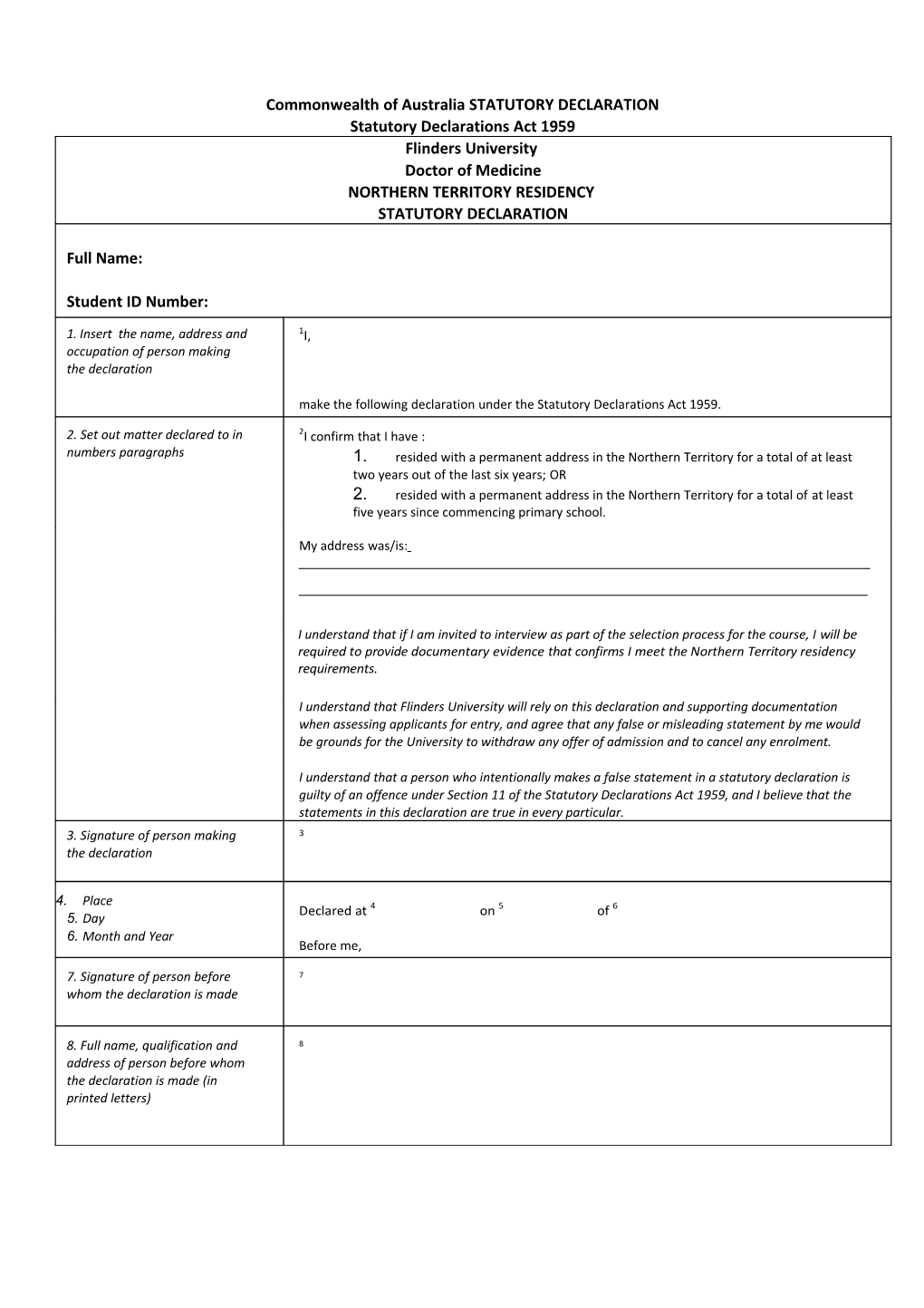 Commonwealth of Australia STATUTORY DECLARATION