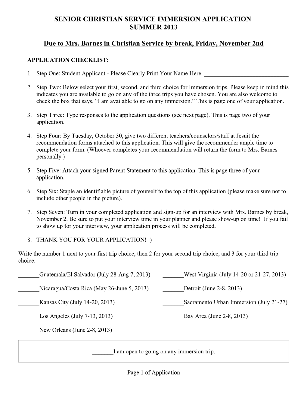 Senior Christian Service Immersion Application