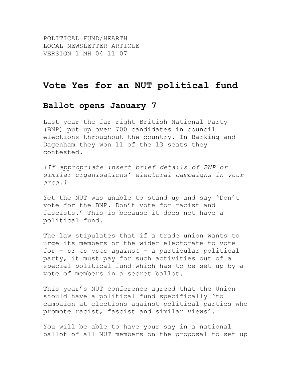 Political Fund/Hearth