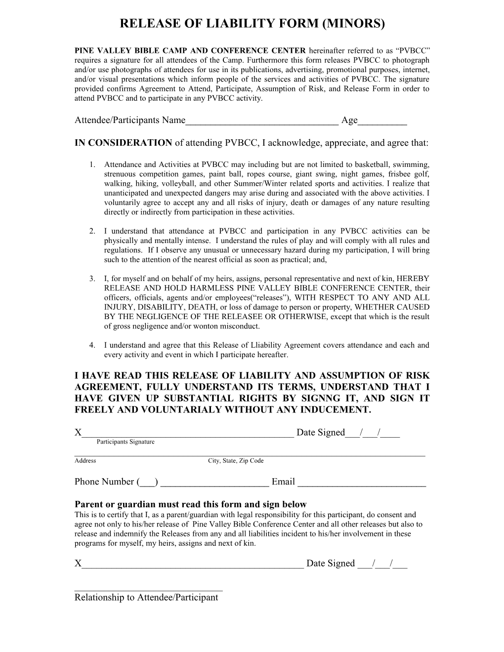 Paintball /Release of Liability Form