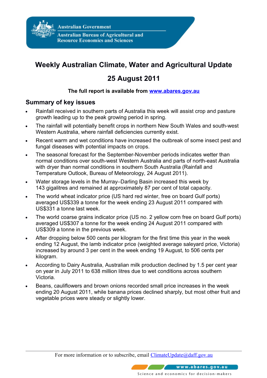 Weekly Australian Climate, Water and Agricultural Update