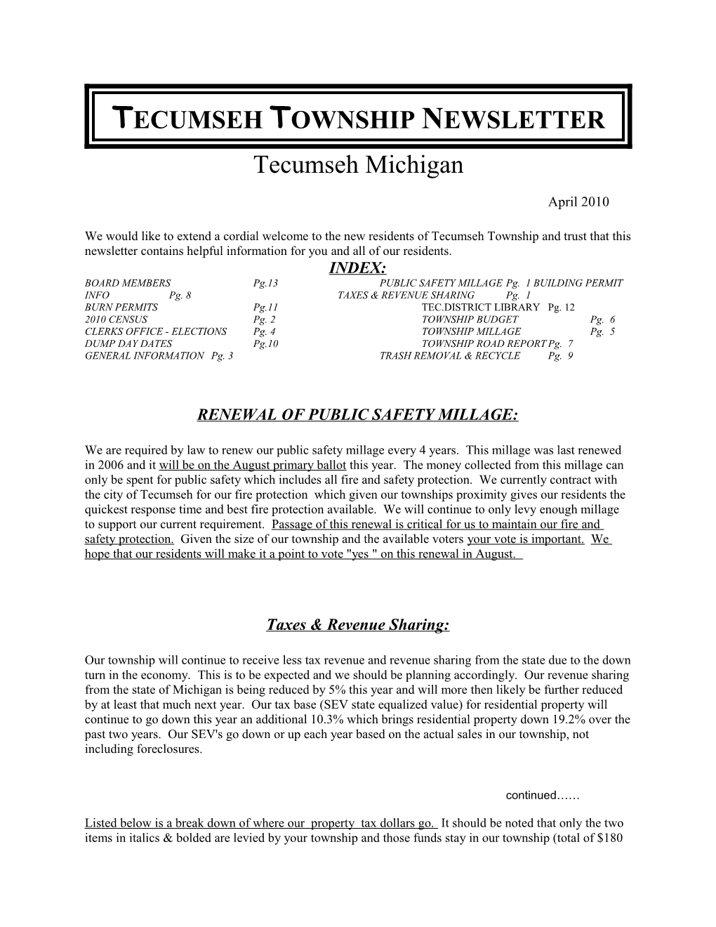 Tecumseh Township Newsletter