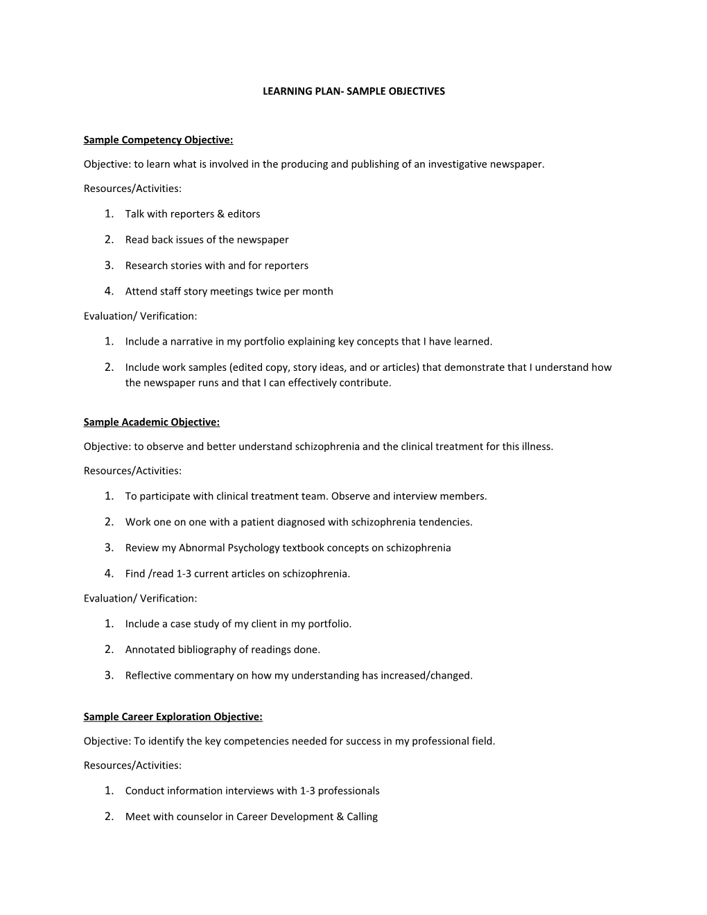 Learning Plan- Sample Objectives