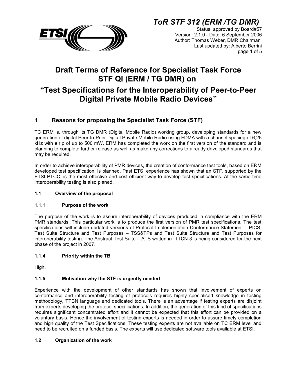 Terms of Reference for Specialist Task Force STF NN