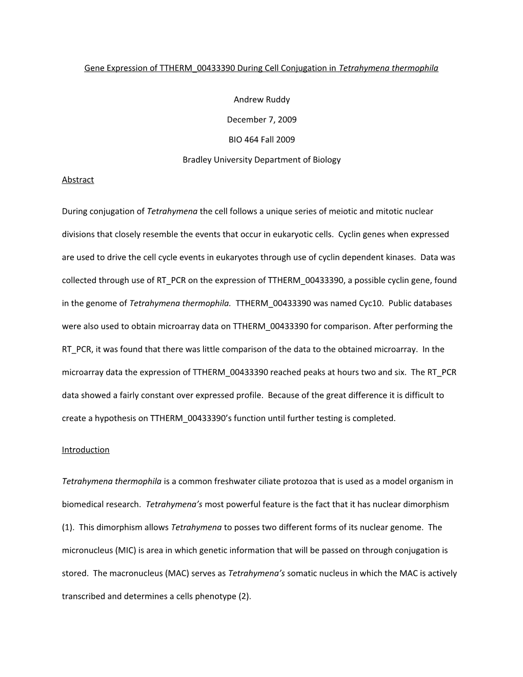 Gene Expression of TTHERM 00433390 During Cell Conjugation in Tetrahymena Thermophila