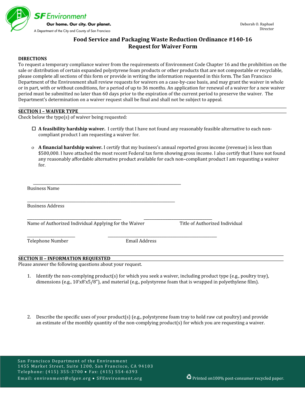 Food Service and Packaging Waste Reduction Ordinance #140-16 Request for Waiver Form