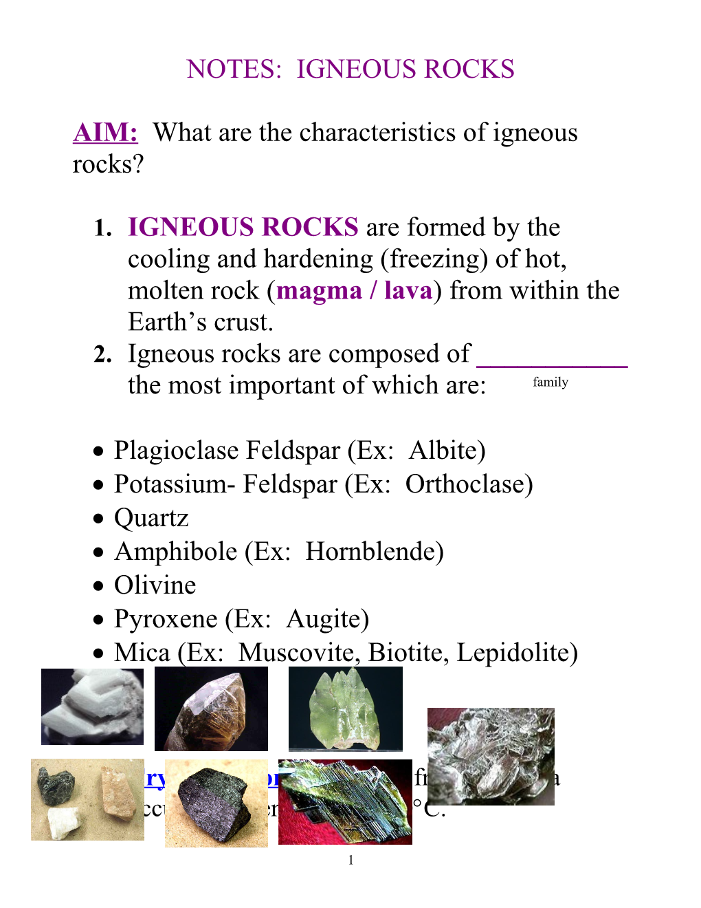 Notes: Igneous Rocks