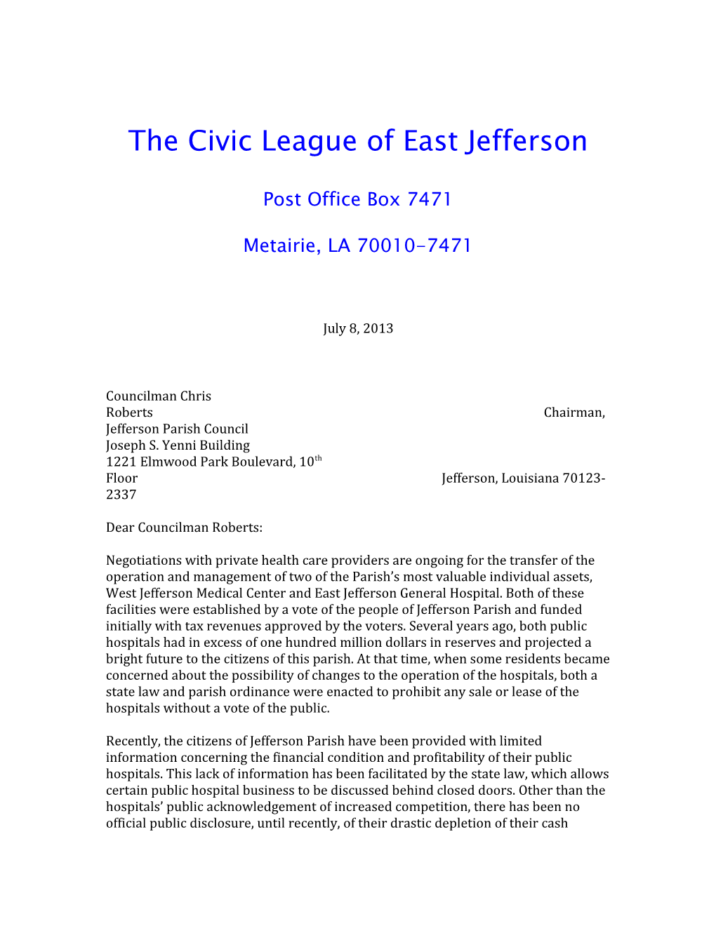 The Civic League of East Jefferson