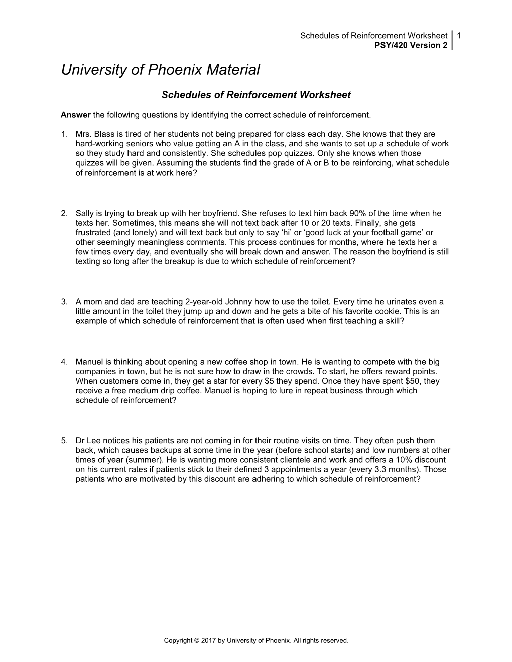 Schedules of Reinforcement Worksheet