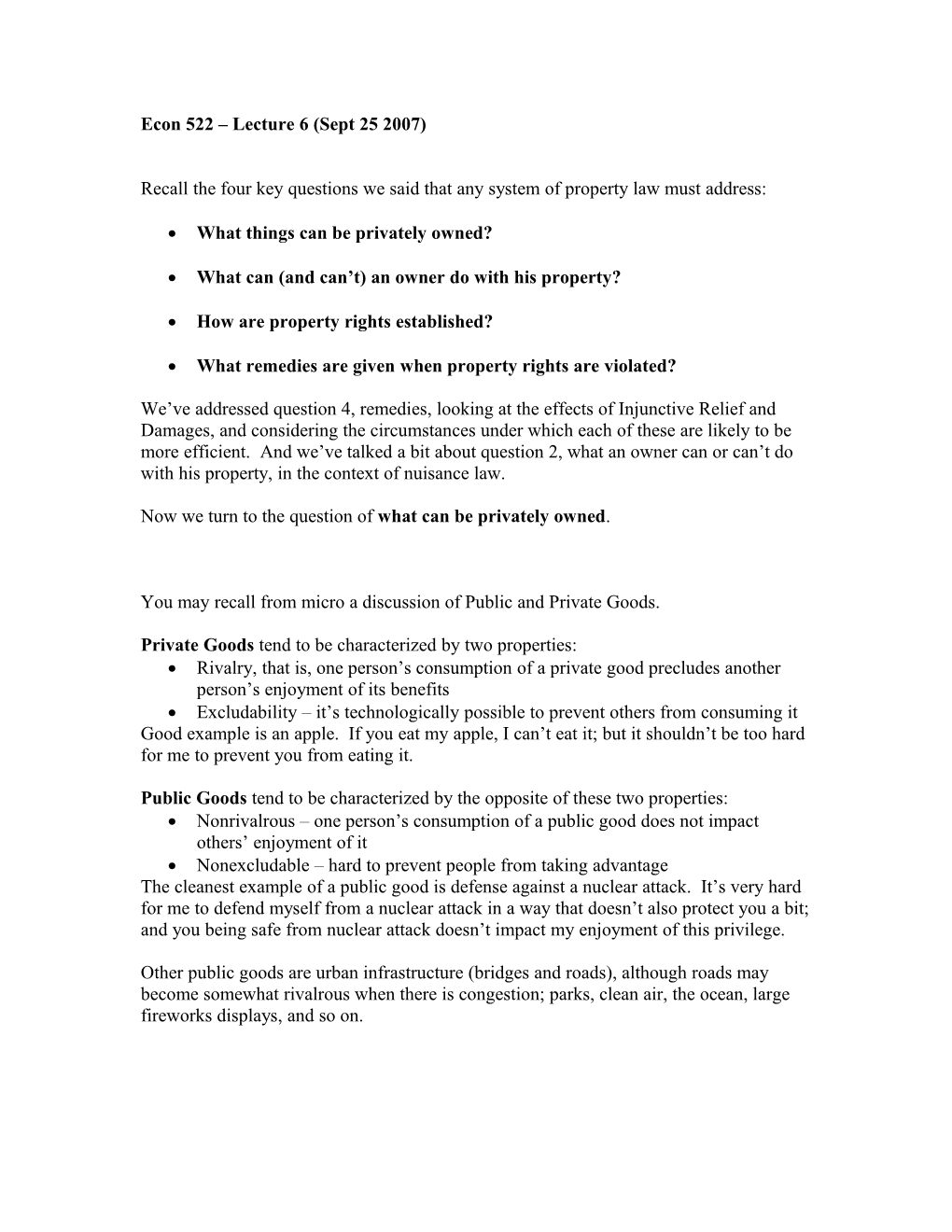 Recall the Four Key Questions We Said That Any System of Property Law Must Address