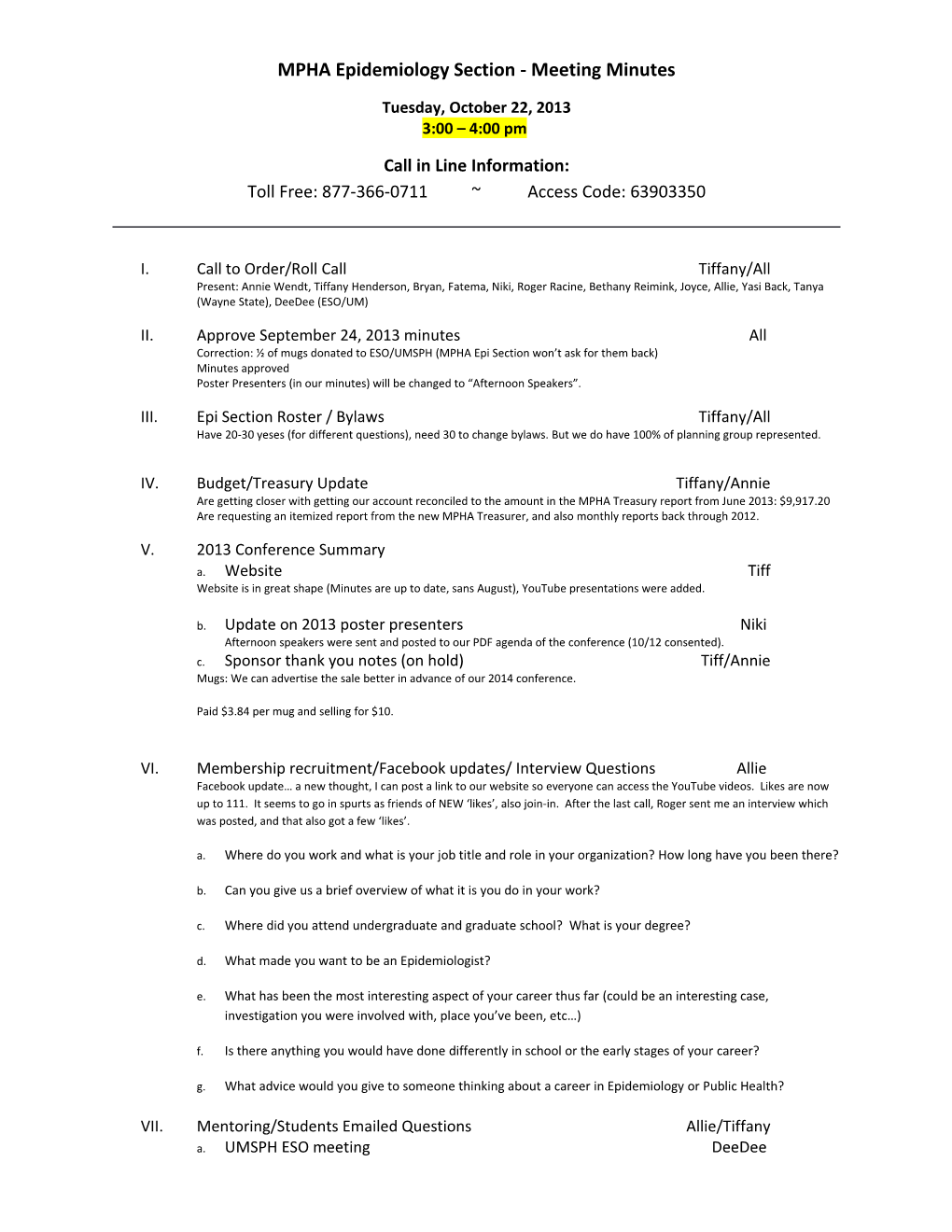 MPHA Epidemiology Section - Meeting Minutes