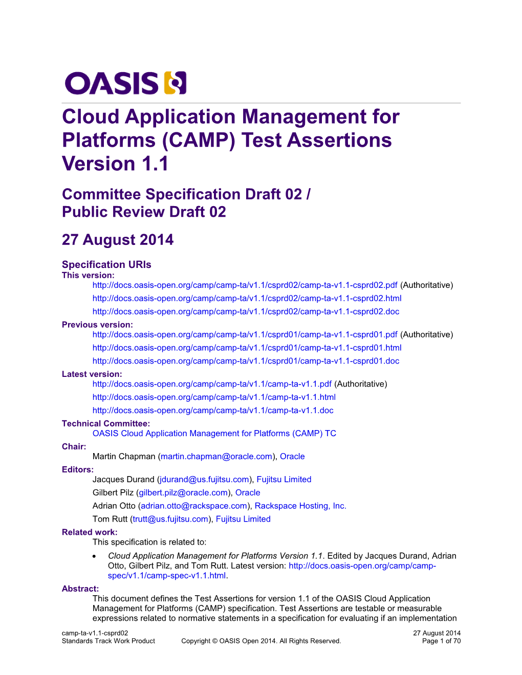 Cloud Applications Management for Platforms (CAMP) Test Assertions Version 1.1