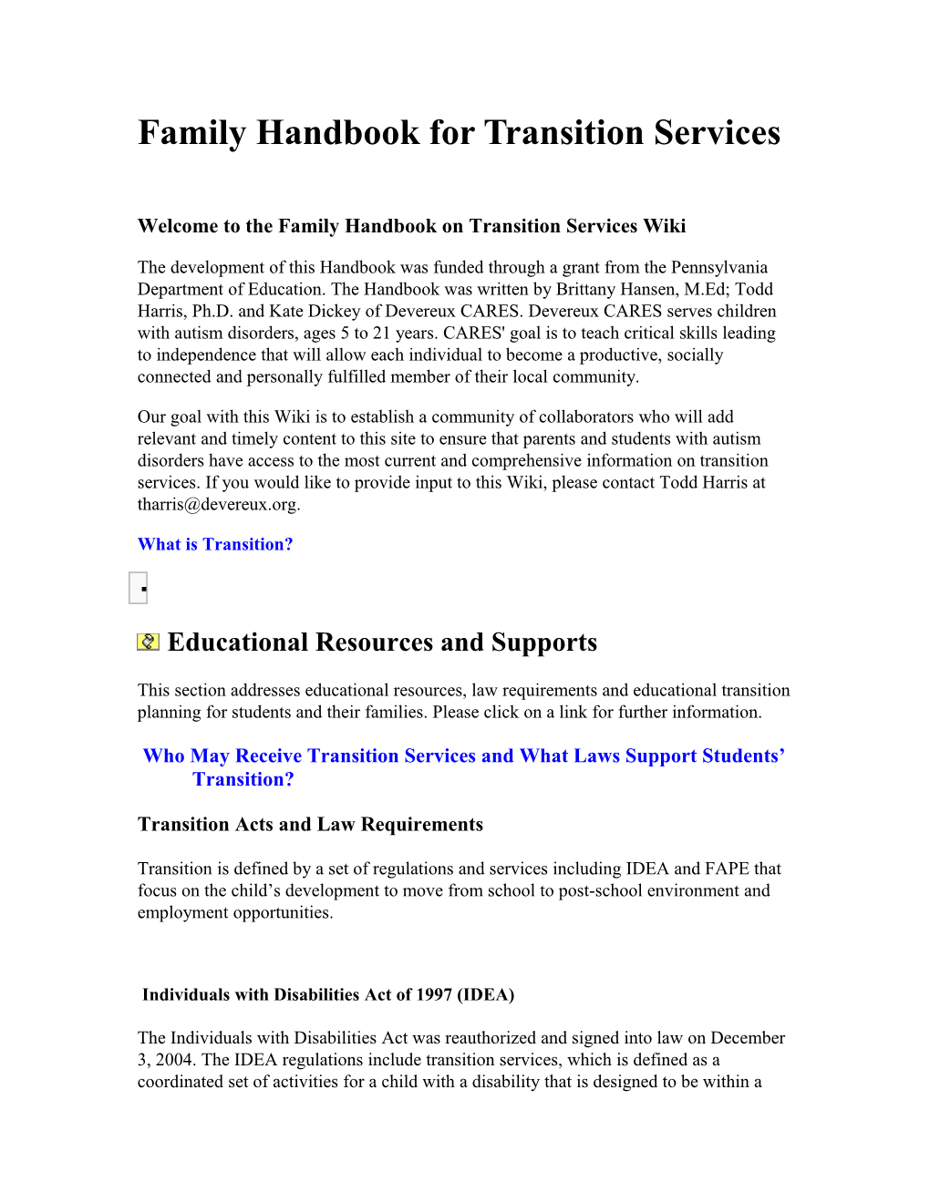 Family Handbook for Transition Services