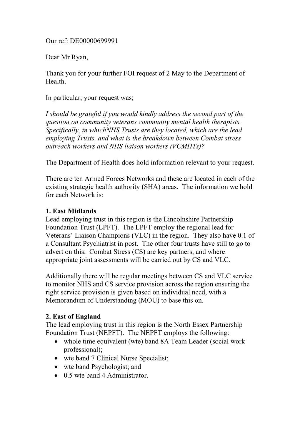 Thank You for Your Further FOI Request of 2 May to the Department of Health