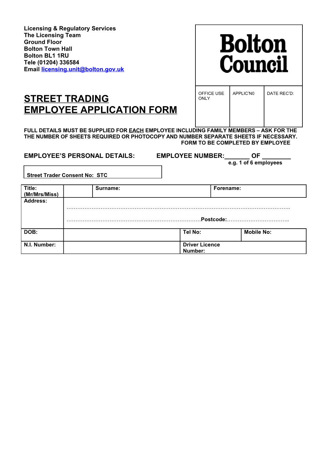 Mobile Trader Employee Application Form