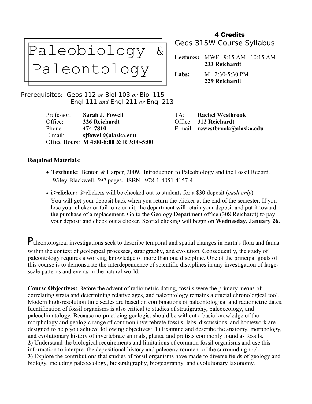 Syllabus: Geoscience 215 Paleobiology & Paleontology