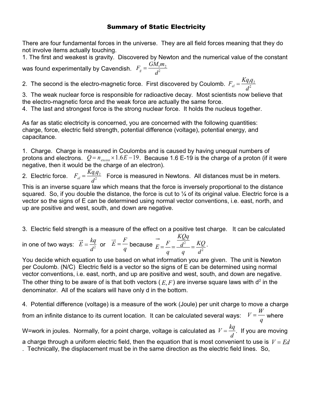 Summary of Static Electricity