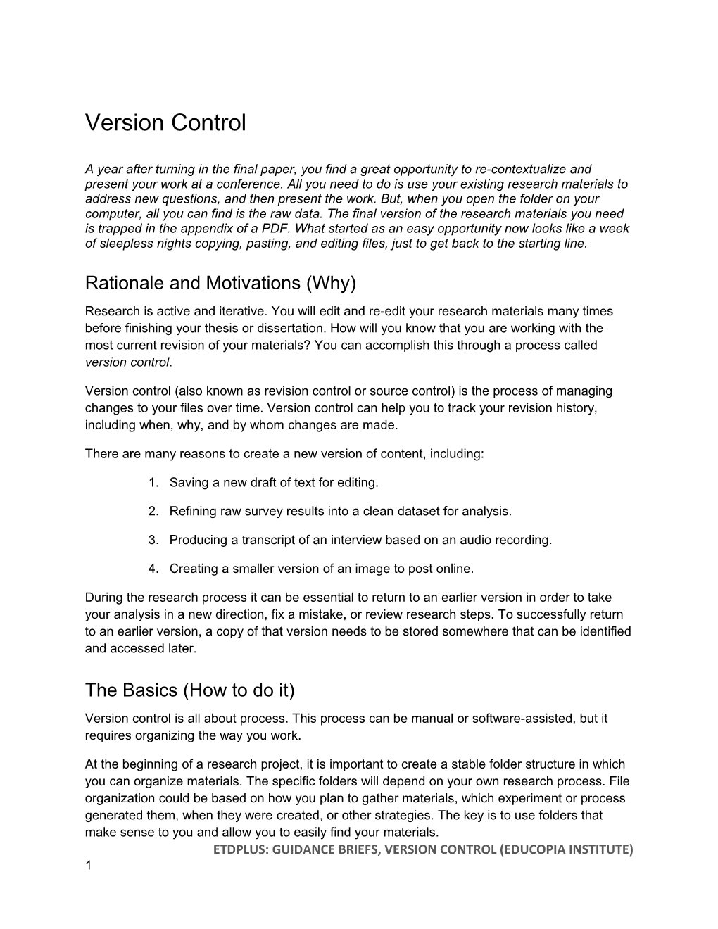 Etdplus: Guidance Briefs, Version Control (Educopia Institute)