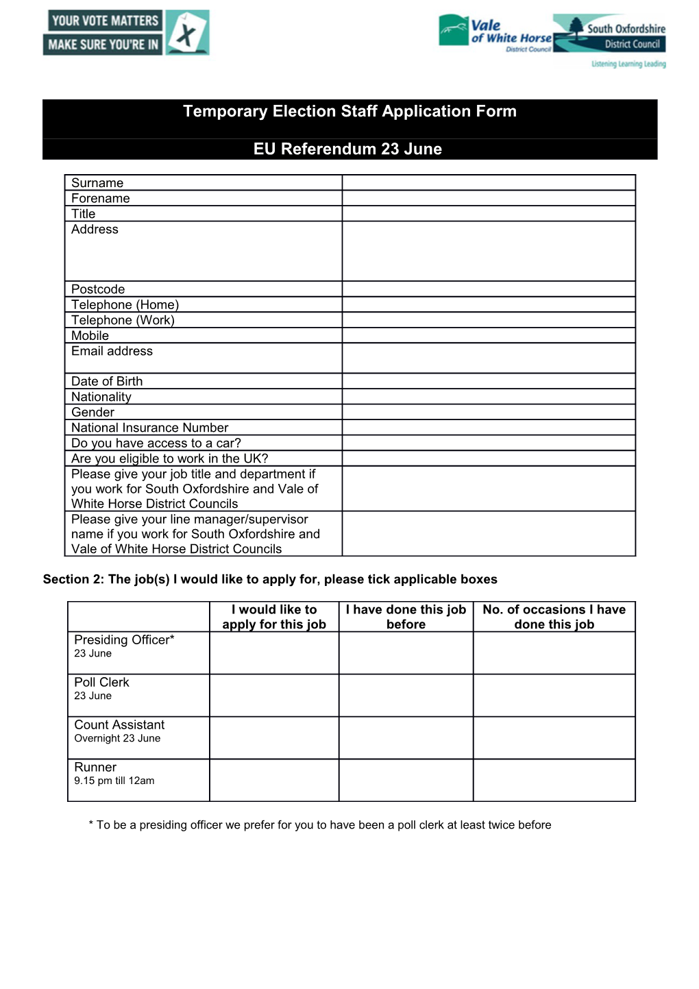 Temporary Election Staff Application Form