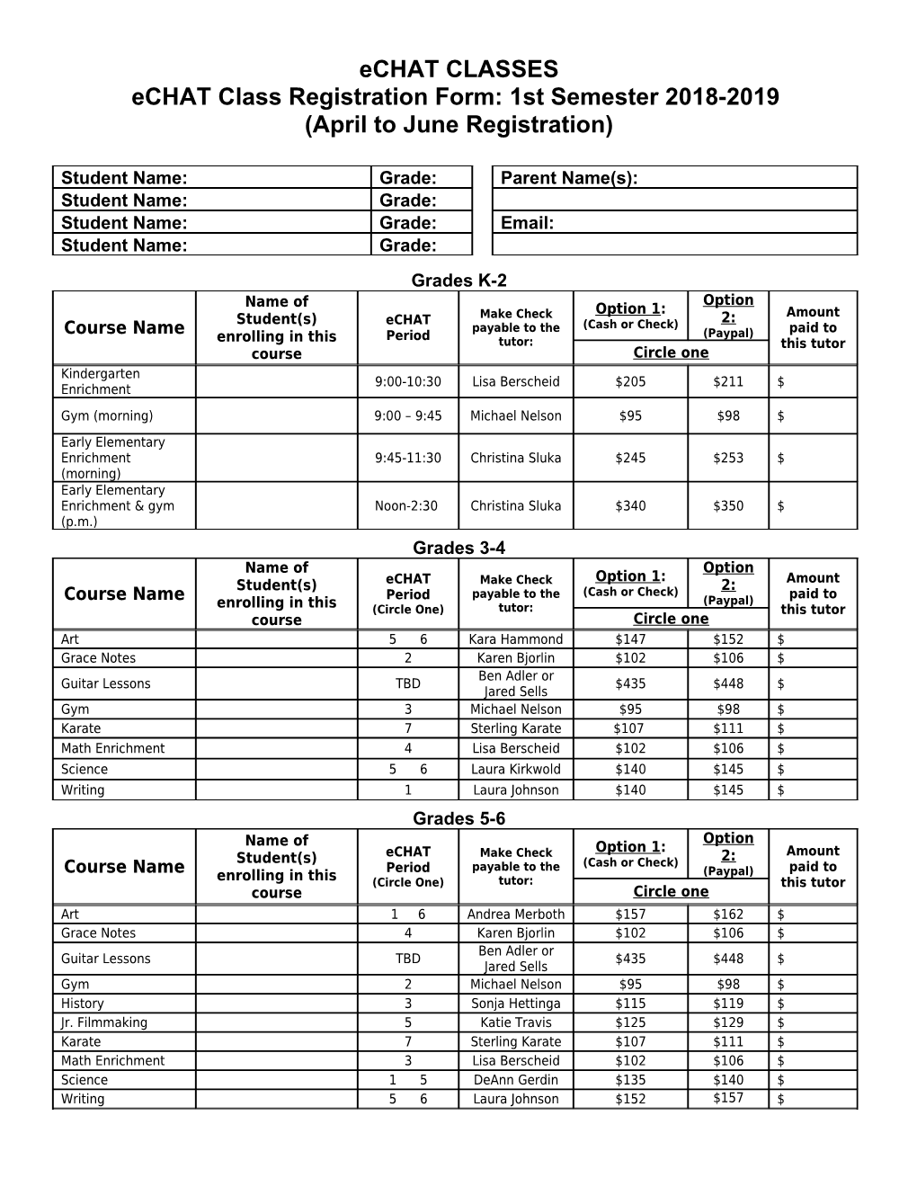 Echat Class Registration Form:1St Semester 2018-2019